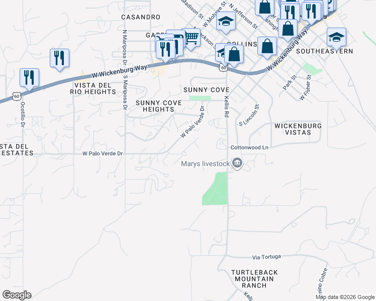 map of restaurants, bars, coffee shops, grocery stores, and more near 665 Chaparral Road in Wickenburg