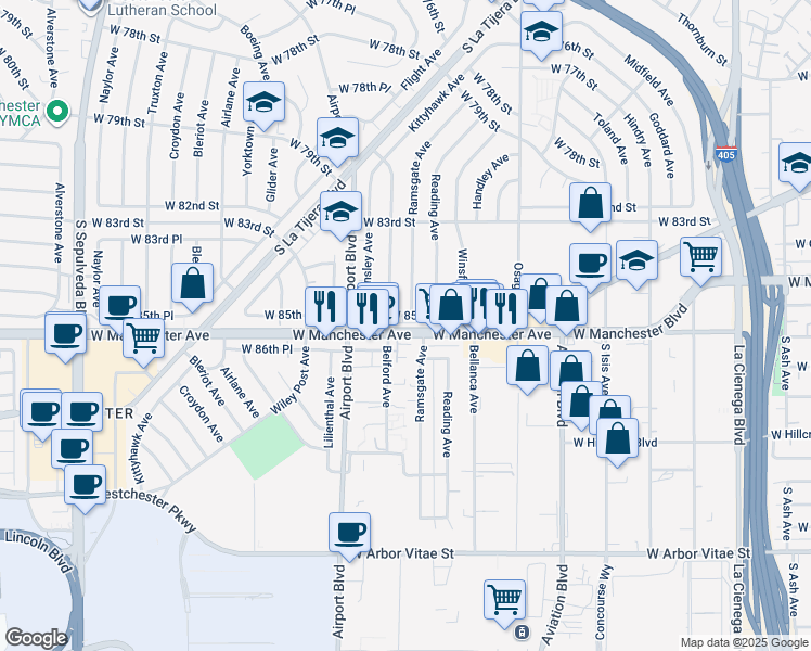 map of restaurants, bars, coffee shops, grocery stores, and more near 5823 West Manchester Avenue in Los Angeles