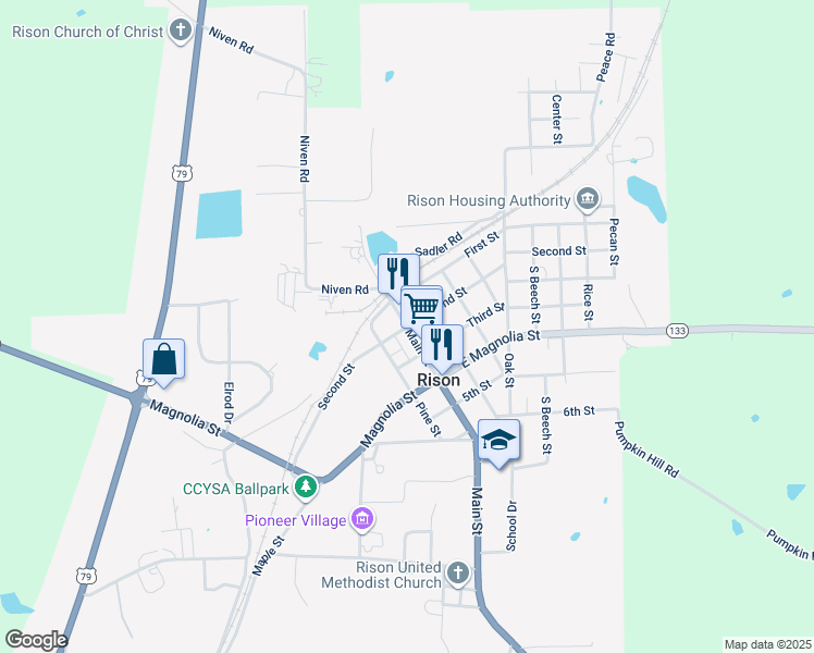 map of restaurants, bars, coffee shops, grocery stores, and more near 216 Main Street in Rison