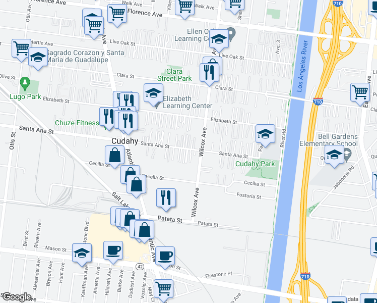 map of restaurants, bars, coffee shops, grocery stores, and more near 4930 Santa Ana Street in Cudahy