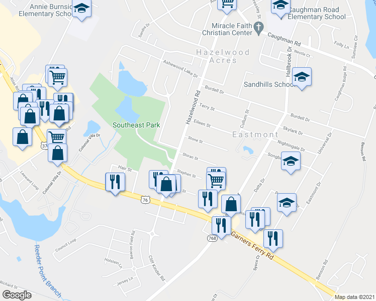 map of restaurants, bars, coffee shops, grocery stores, and more near 7513 Shiran Street in Columbia