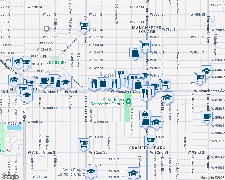 map of restaurants, bars, coffee shops, grocery stores, and more near 2015 West Manchester Avenue in Inglewood