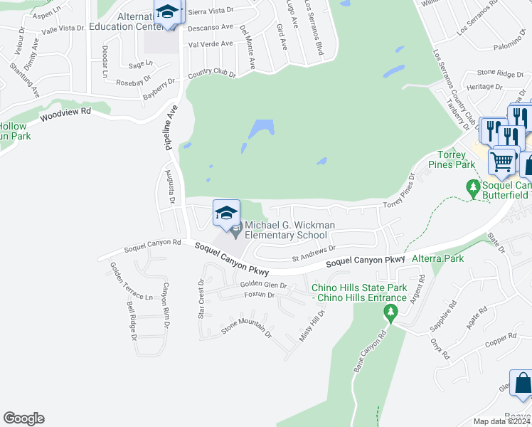 map of restaurants, bars, coffee shops, grocery stores, and more near 4333 Torrey Pines Drive in Chino Hills