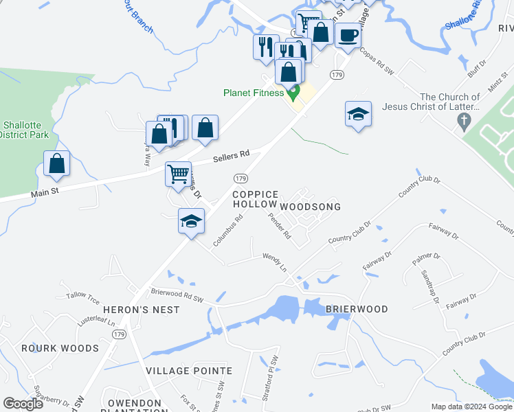 map of restaurants, bars, coffee shops, grocery stores, and more near 517 Columbus Street in Shallotte