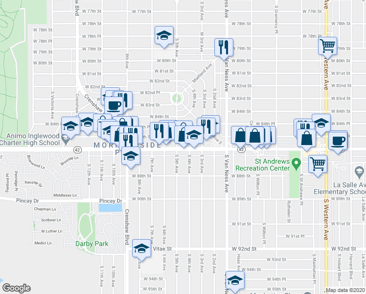map of restaurants, bars, coffee shops, grocery stores, and more near 2529 West Manchester Boulevard in Inglewood
