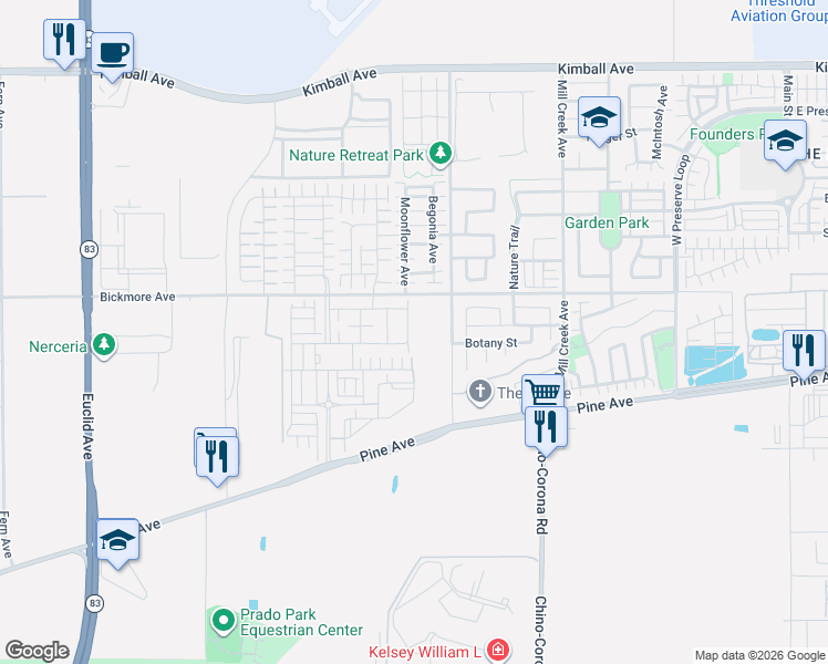 map of restaurants, bars, coffee shops, grocery stores, and more near 16142-16170 Rincon Meadows Avenue in Chino