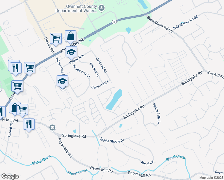 map of restaurants, bars, coffee shops, grocery stores, and more near 581 Pondweed Drive in Lawrenceville