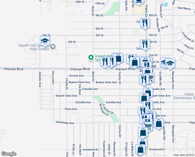map of restaurants, bars, coffee shops, grocery stores, and more near 66041 Acoma Avenue in Desert Hot Springs