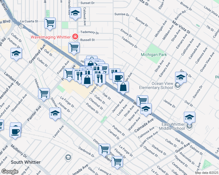 map of restaurants, bars, coffee shops, grocery stores, and more near 13710 Whittier Boulevard in Whittier