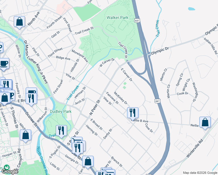 map of restaurants, bars, coffee shops, grocery stores, and more near 430 Moreland Avenue in Athens