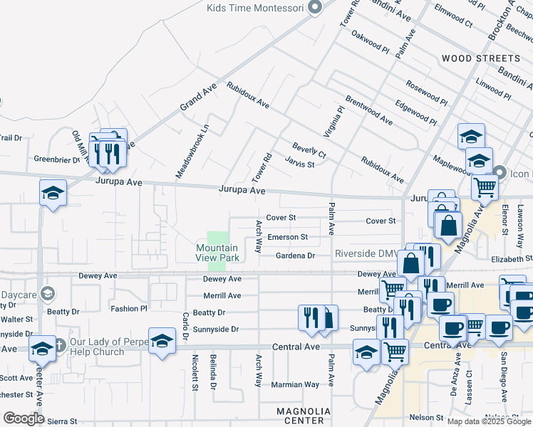 map of restaurants, bars, coffee shops, grocery stores, and more near 4681 Cover Street in Riverside