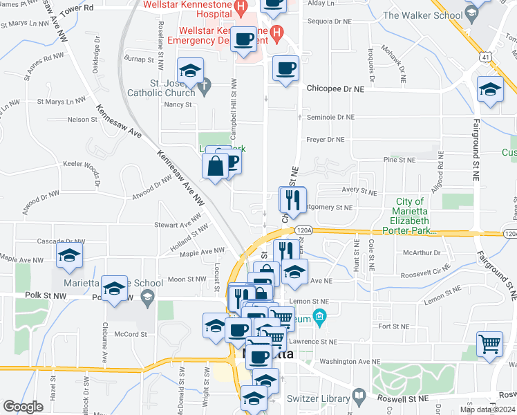 map of restaurants, bars, coffee shops, grocery stores, and more near 343 Church Street in Marietta
