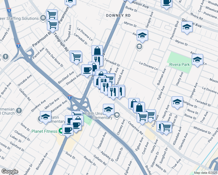map of restaurants, bars, coffee shops, grocery stores, and more near 9133 Telegraph Road in Pico Rivera