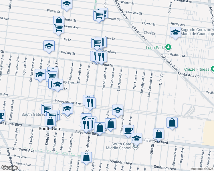 map of restaurants, bars, coffee shops, grocery stores, and more near 3627 Liberty Boulevard in South Gate