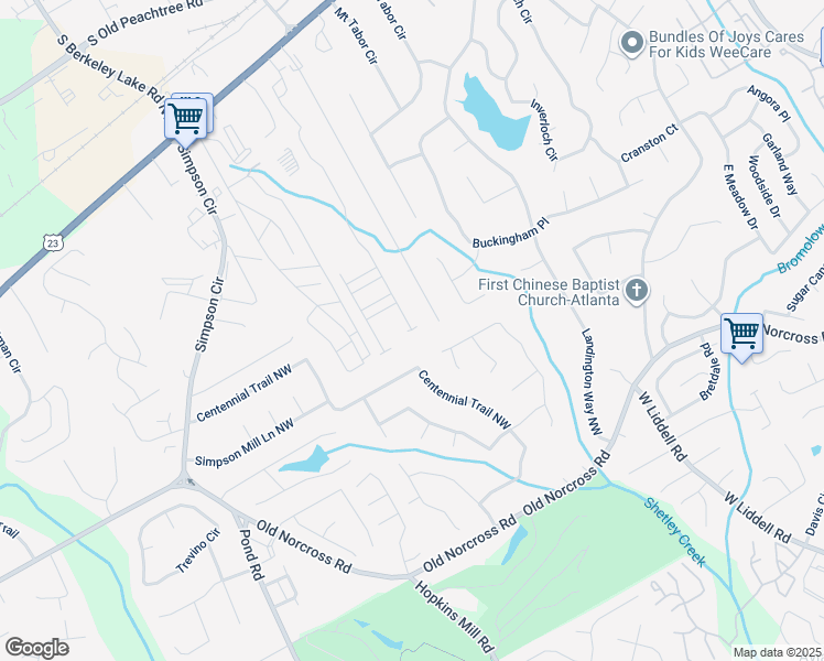 map of restaurants, bars, coffee shops, grocery stores, and more near 2540 Woodbine Hill Way Northwest in Norcross