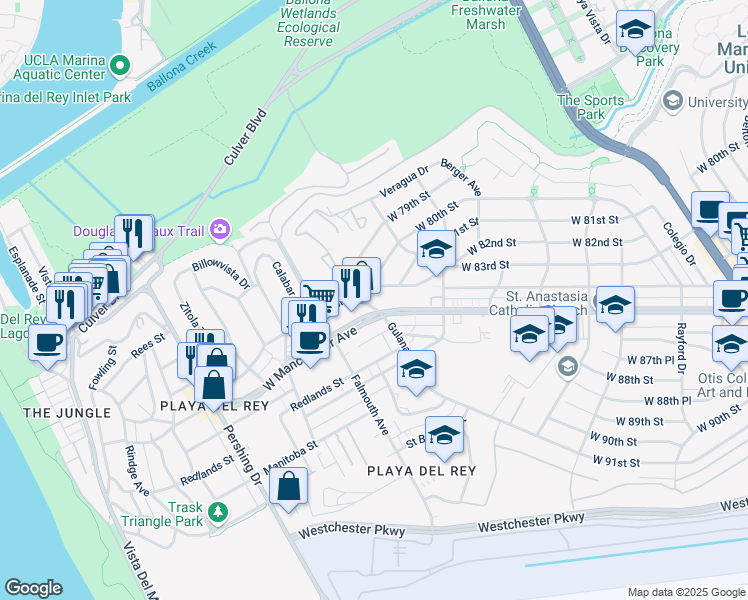 map of restaurants, bars, coffee shops, grocery stores, and more near 8428 Gulana Avenue in Los Angeles