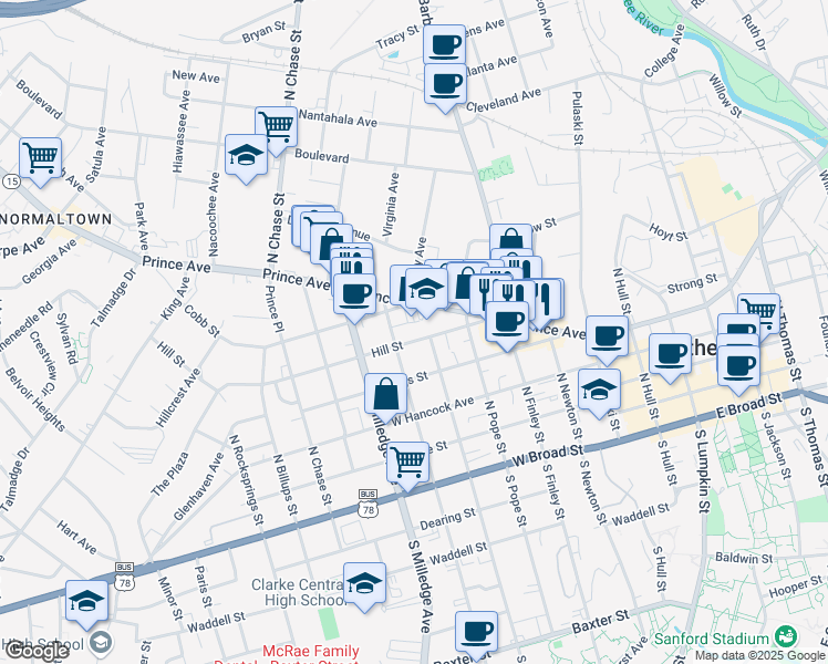 map of restaurants, bars, coffee shops, grocery stores, and more near 336 Hill Street in Athens