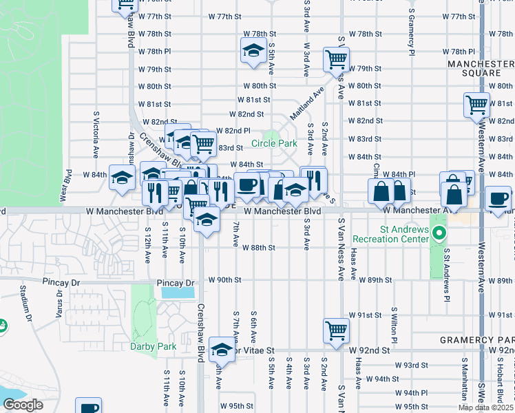 map of restaurants, bars, coffee shops, grocery stores, and more near 2635 W Manchester Blvd in Inglewood