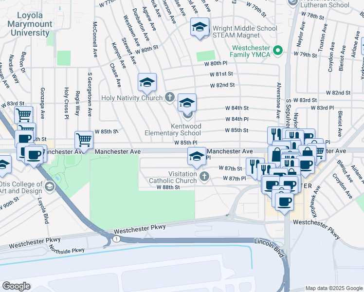map of restaurants, bars, coffee shops, grocery stores, and more near 6630 West 85th Place in Los Angeles
