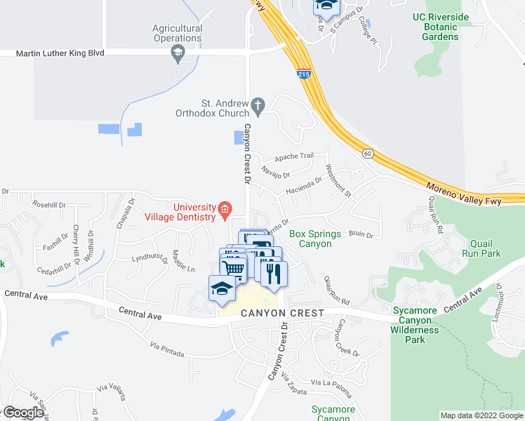 map of restaurants, bars, coffee shops, grocery stores, and more near 8 Crest Park Circle in Riverside