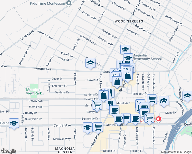 map of restaurants, bars, coffee shops, grocery stores, and more near 4175 Cover Street in Riverside