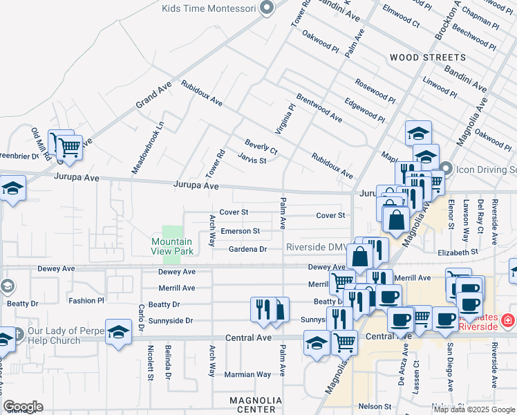 map of restaurants, bars, coffee shops, grocery stores, and more near 4561 Cover Street in Riverside