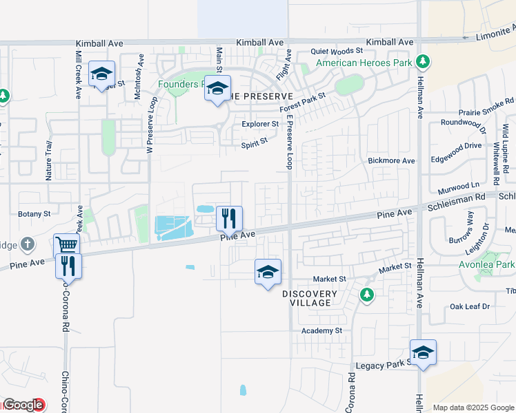 map of restaurants, bars, coffee shops, grocery stores, and more near in Chino