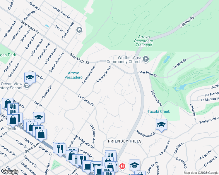 map of restaurants, bars, coffee shops, grocery stores, and more near 8321 La Sierra Avenue in Whittier