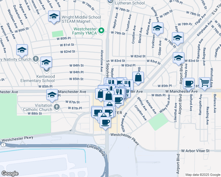 map of restaurants, bars, coffee shops, grocery stores, and more near 6242 West 85th Place in Los Angeles