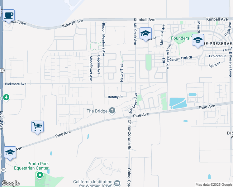 map of restaurants, bars, coffee shops, grocery stores, and more near 7779 Meridian Street in Chino