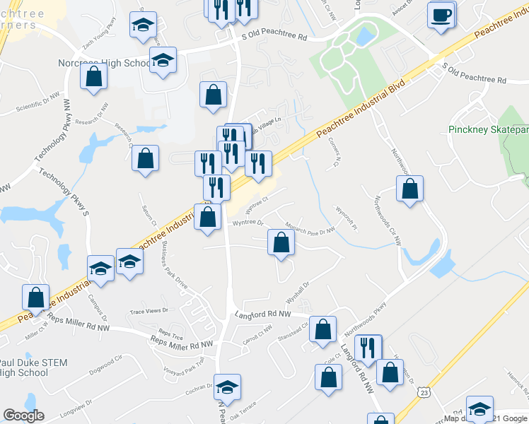 map of restaurants, bars, coffee shops, grocery stores, and more near 5369 Monarch Pine Lane in Norcross