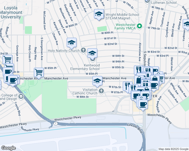 map of restaurants, bars, coffee shops, grocery stores, and more near 8555 Emerson Avenue in Los Angeles