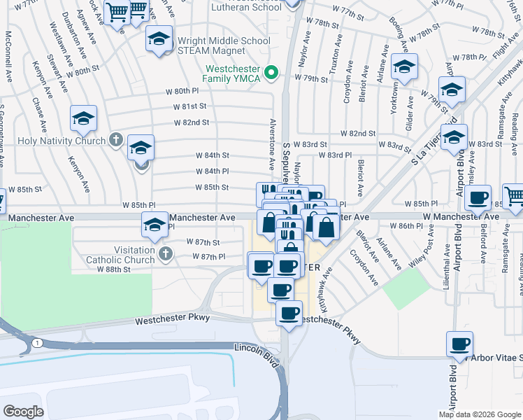 map of restaurants, bars, coffee shops, grocery stores, and more near 6344 West 85th Place in Los Angeles