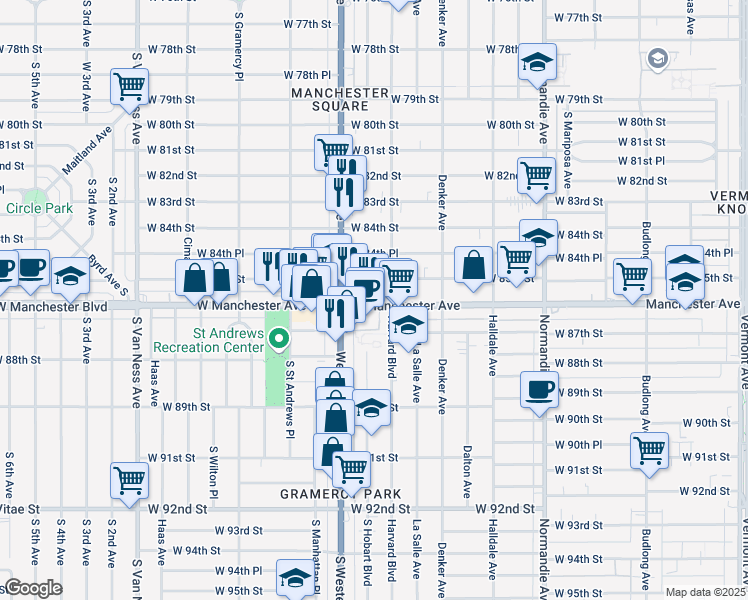 map of restaurants, bars, coffee shops, grocery stores, and more near 1735 West Manchester Avenue in Los Angeles
