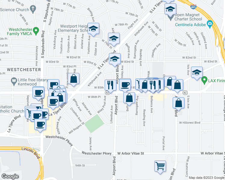 map of restaurants, bars, coffee shops, grocery stores, and more near 5904 West 85th Place in Los Angeles