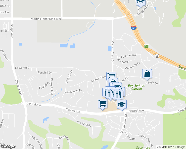 map of restaurants, bars, coffee shops, grocery stores, and more near 1056 Le Conte Dr in Riverside