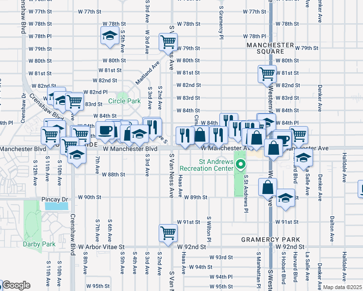 map of restaurants, bars, coffee shops, grocery stores, and more near 2139 West Manchester Avenue in Los Angeles