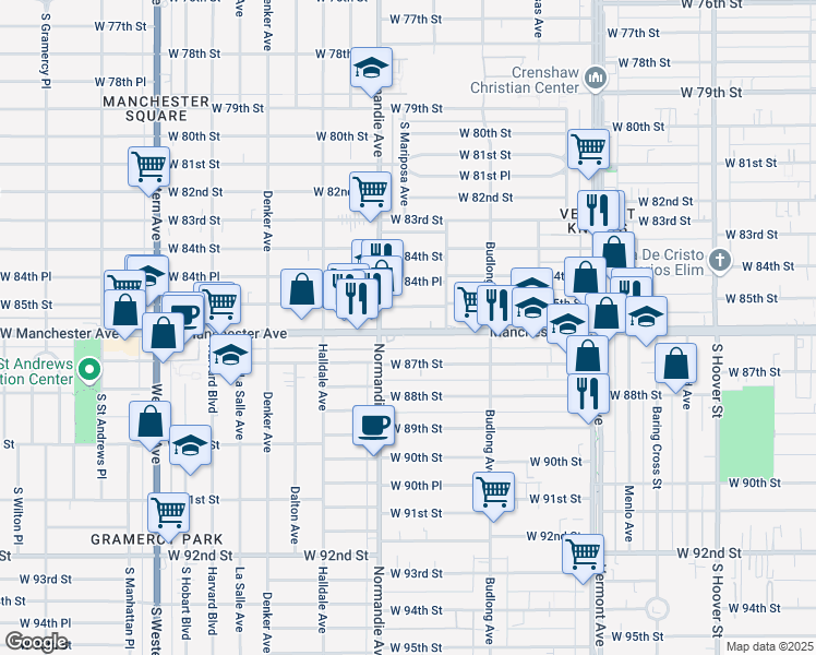 map of restaurants, bars, coffee shops, grocery stores, and more near 1327 West Manchester Avenue in Los Angeles