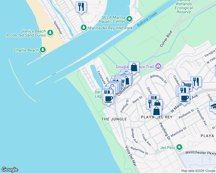 map of restaurants, bars, coffee shops, grocery stores, and more near 6661 Vista Del Mar in Los Angeles