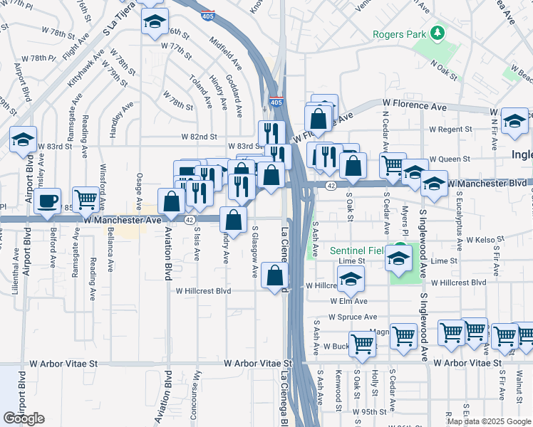 map of restaurants, bars, coffee shops, grocery stores, and more near 827 West Olive Street in Inglewood