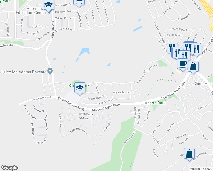 map of restaurants, bars, coffee shops, grocery stores, and more near 4469 Torrey Pines Drive in Chino Hills