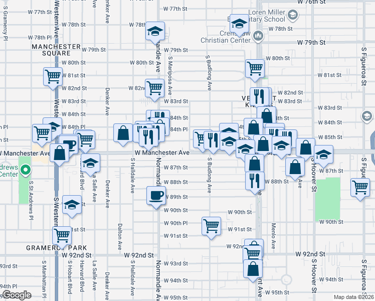 map of restaurants, bars, coffee shops, grocery stores, and more near 1255 West Manchester Avenue in Los Angeles