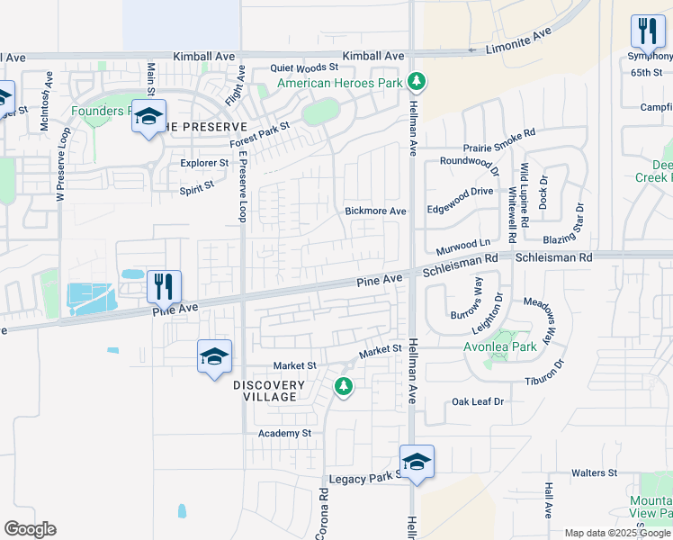map of restaurants, bars, coffee shops, grocery stores, and more near 8701 Celebration Street in Chino