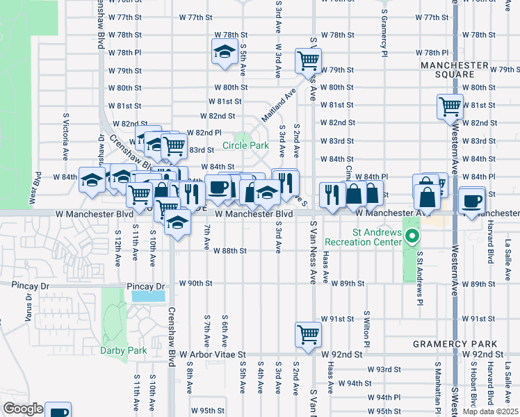 map of restaurants, bars, coffee shops, grocery stores, and more near 2529 West Manchester Boulevard in Inglewood