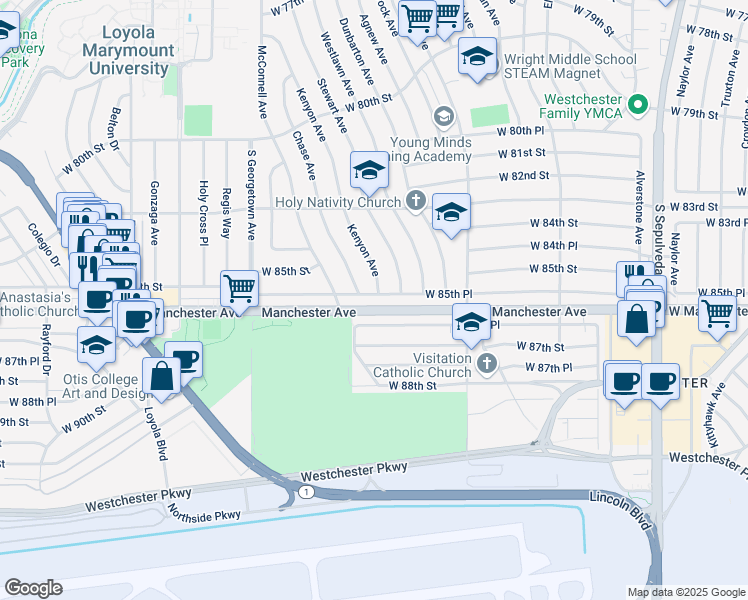 map of restaurants, bars, coffee shops, grocery stores, and more near 6730 West 85th Place in Los Angeles