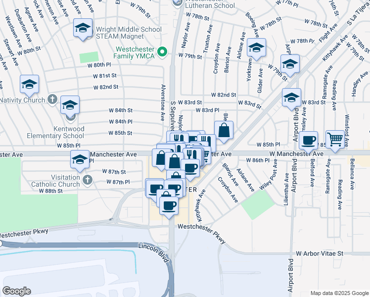 map of restaurants, bars, coffee shops, grocery stores, and more near 6242 West 85th Place in Los Angeles