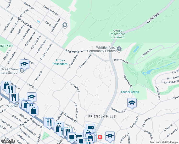 map of restaurants, bars, coffee shops, grocery stores, and more near 8321 La Sierra Avenue in Whittier