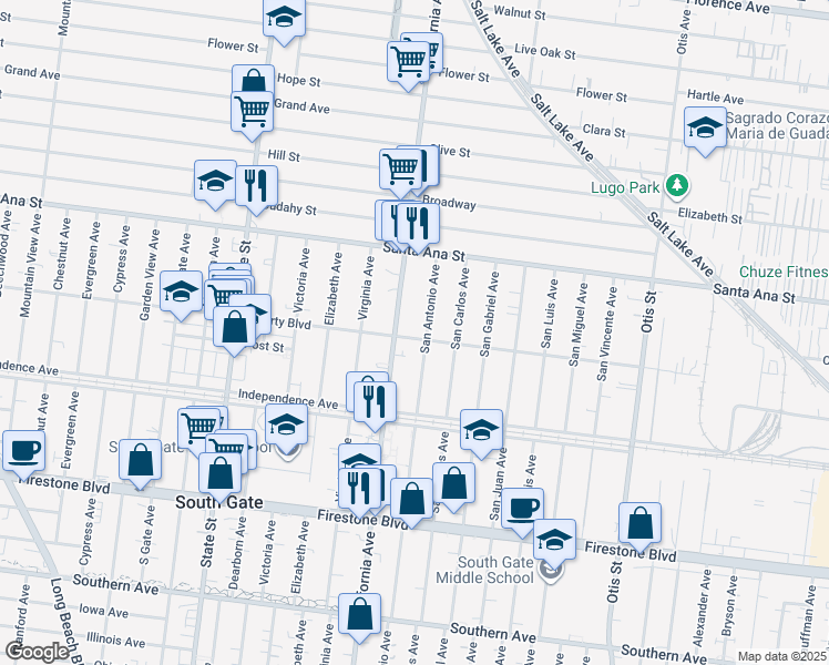 map of restaurants, bars, coffee shops, grocery stores, and more near 3517 Liberty Boulevard in South Gate