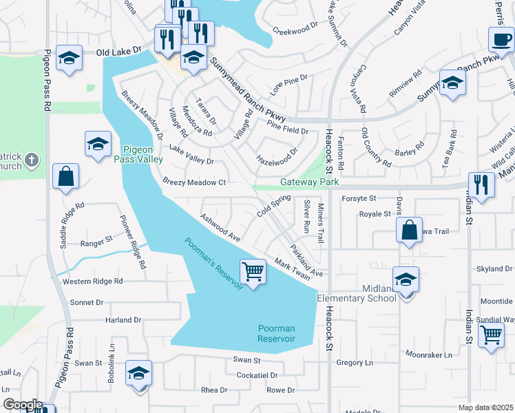 map of restaurants, bars, coffee shops, grocery stores, and more near 23650 Misty Glade Court in Moreno Valley