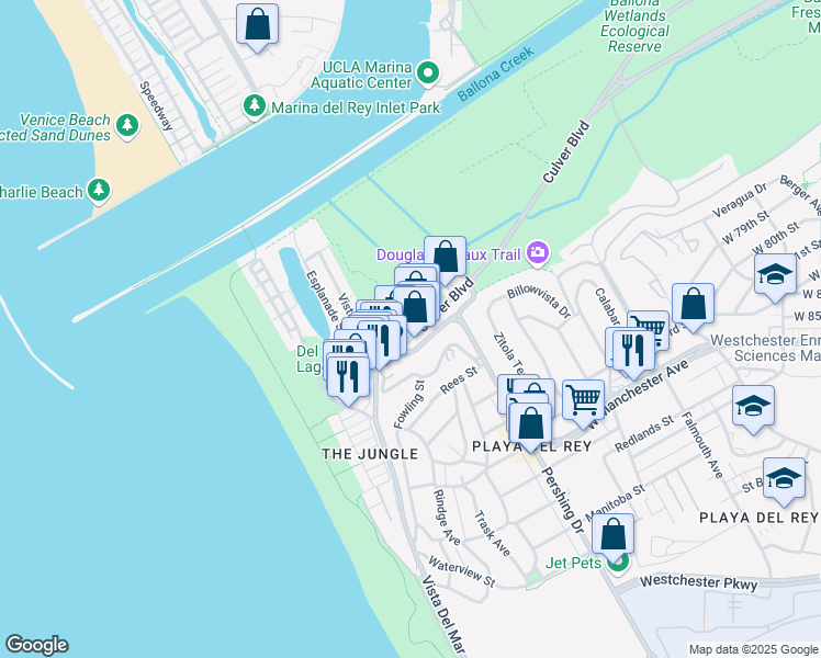 map of restaurants, bars, coffee shops, grocery stores, and more near 405 Culver Boulevard in Los Angeles